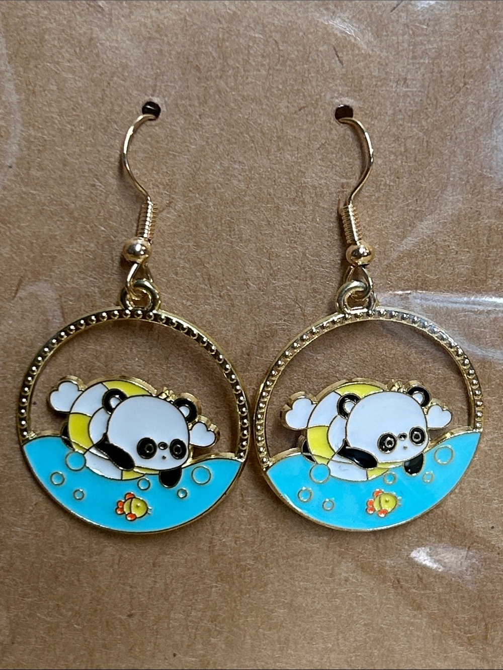 Gold-Tone Panda Swim dangle Earrings in Blue and White